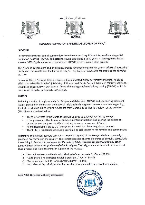 Religious Fatwa for Banning all forms of FGM/C in Puntland, Somalia